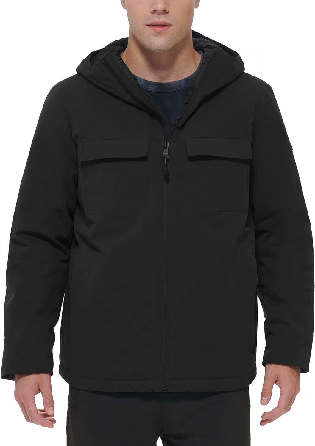 DKNY Mens Performance Tech Hooded Modern Storm Coat Black The