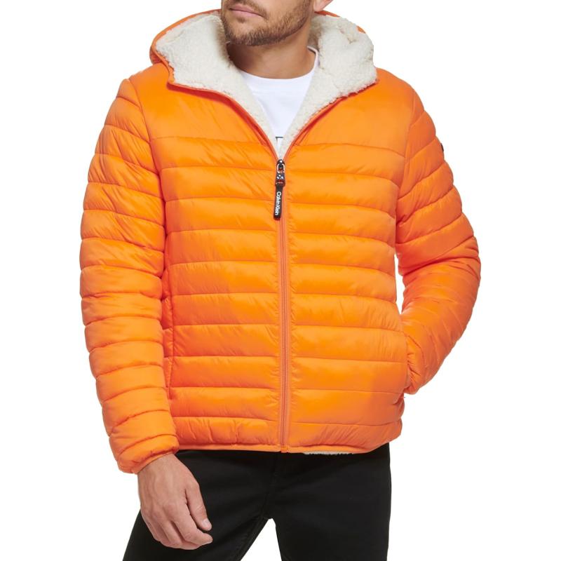 Calvin Klein Mens Hooded Down Jacket Quilted Coat Sherpa Linedebony