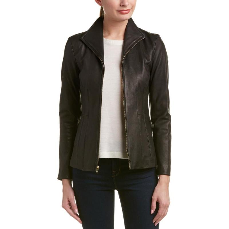 Cole Haan Women’s Wing Collar Lether Jacket(Black) - The Outerwear Shop