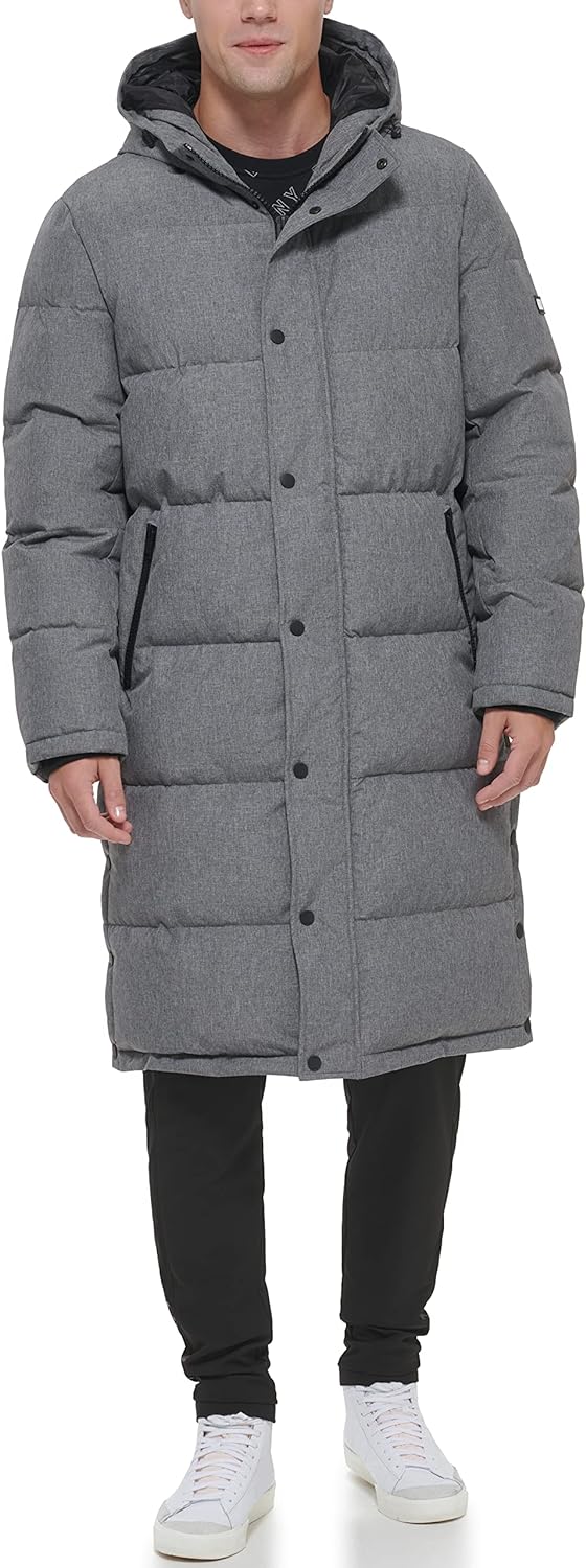 DKNY Men’s Arctic Cloth Hooded Extra Long Parka Jacket(Heather Grey ...