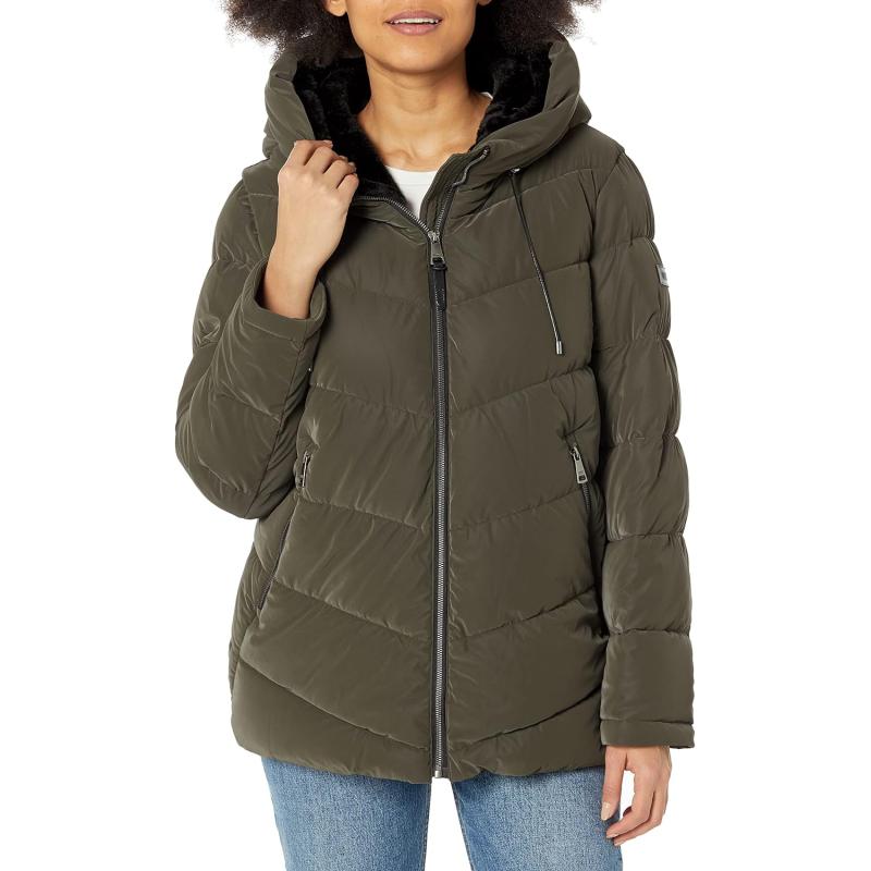 DKNY Women’s Faux Fur Lined Hood Puffer Jacket(Loden) - The Outerwear Shop