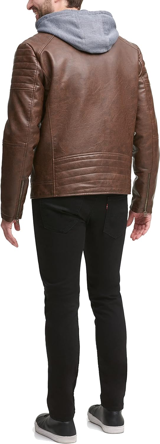 Levi’s Men’s Faux Leather Hooded Racer Jacket(Standard Saddle Modern Lamb) The Outerwear Shop