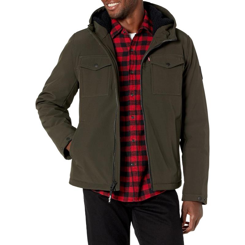 Levi’s Men’s Soft Shell Hooded Storm Trucker Jacket(Olive/Sherpa Lined ...