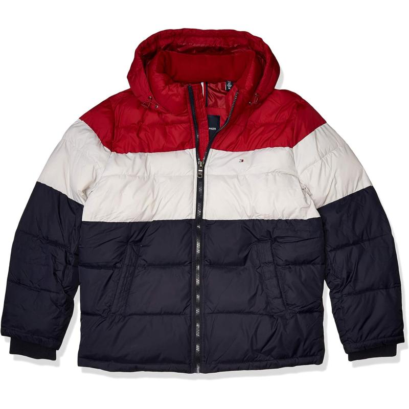 Tommy Hilfiger Men’s Hooded Puffer Jacket(Red/Ice/Navy) - The Outerwear ...