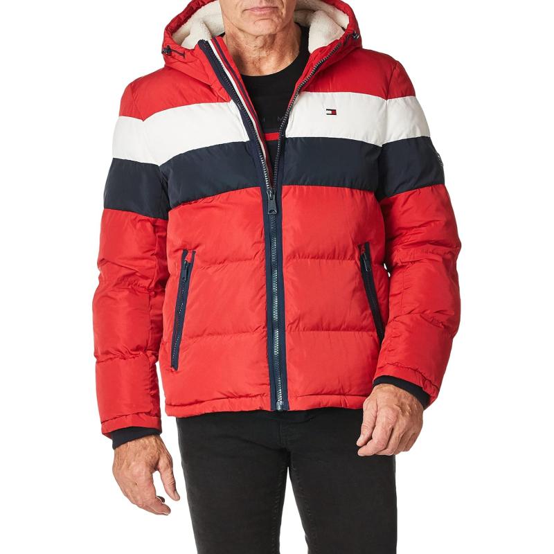 Tommy Hilfiger Men’s Hooded Puffer Jacket(Red/Ice/Navy Poly Tech) - The ...