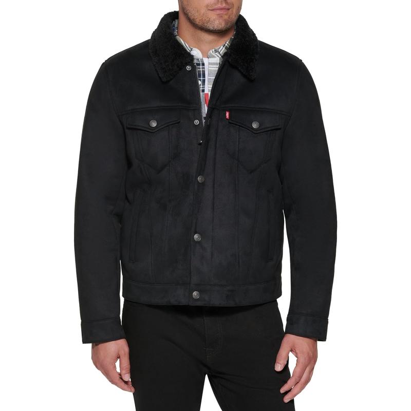 Levi’s Men’s Faux Leather Classic Trucker Jacket(Black Faux Shearling