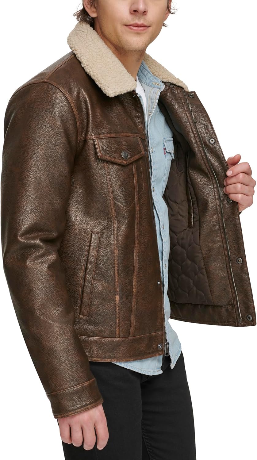 Levis Mens Faux Leather Classic Trucker Jacketbrown W Sherpa Collar The Outerwear Shop 4978